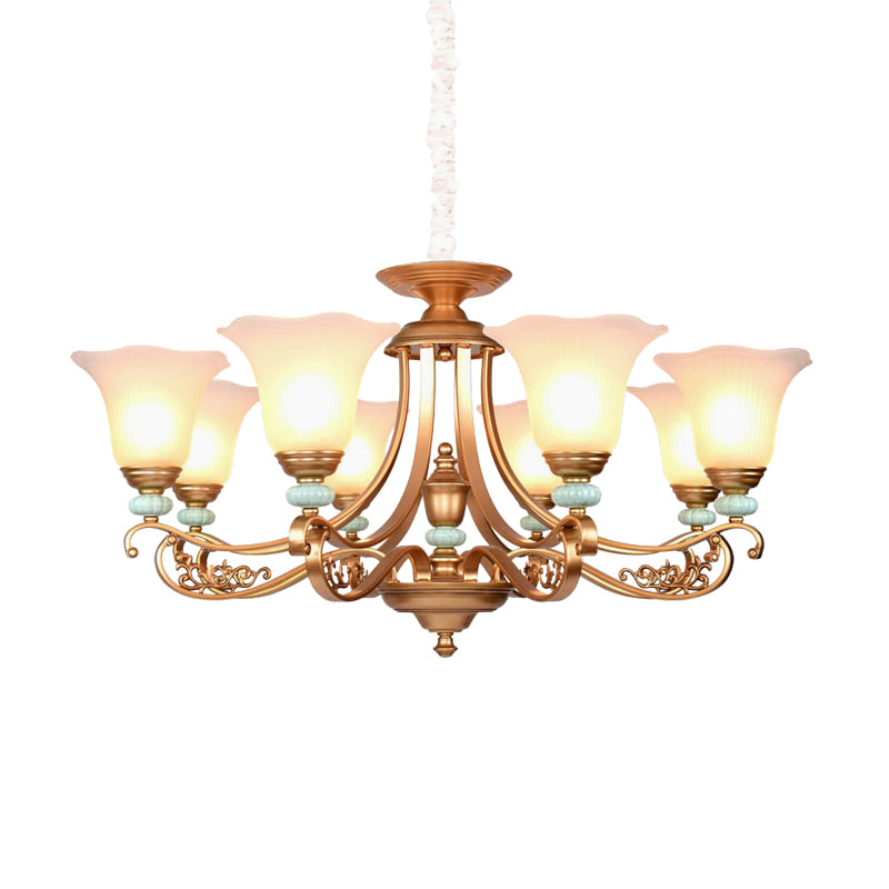 3/6/8-Head Bloom Ceiling Chandelier Rustic Style Gold Milky Glass Suspended Lighting Pendant with Curvy Arm Clearhalo 'Ceiling Lights' 'Chandeliers' 'Close To Ceiling Lights' 'Glass shade' 'Glass' Lighting' 1450882