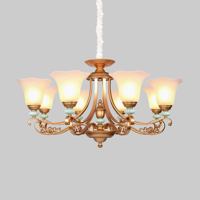 3/6/8-Head Bloom Ceiling Chandelier Rustic Style Gold Milky Glass Suspended Lighting Pendant with Curvy Arm Clearhalo 'Ceiling Lights' 'Chandeliers' 'Close To Ceiling Lights' 'Glass shade' 'Glass' Lighting' 1450883