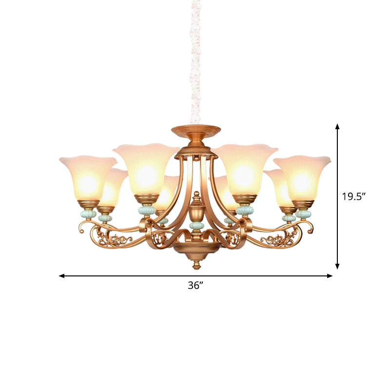 3/6/8-Head Bloom Ceiling Chandelier Rustic Style Gold Milky Glass Suspended Lighting Pendant with Curvy Arm Clearhalo 'Ceiling Lights' 'Chandeliers' 'Close To Ceiling Lights' 'Glass shade' 'Glass' Lighting' 1450884
