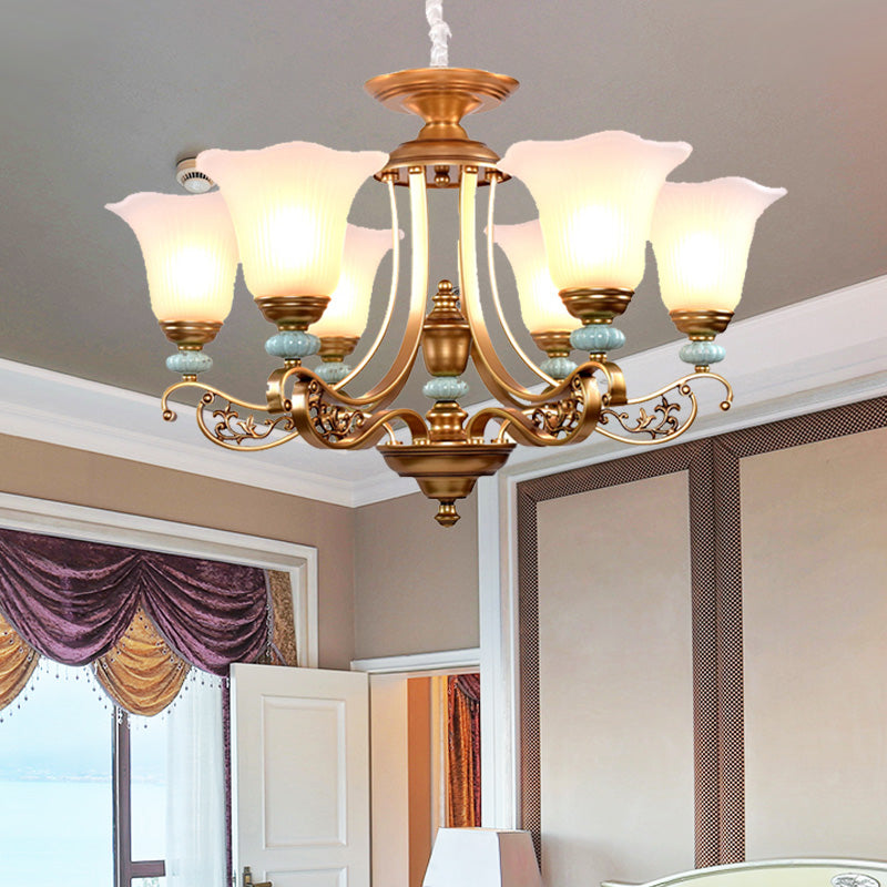3/6/8-Head Bloom Ceiling Chandelier Rustic Style Gold Milky Glass Suspended Lighting Pendant with Curvy Arm 6 Gold Clearhalo 'Ceiling Lights' 'Chandeliers' 'Close To Ceiling Lights' 'Glass shade' 'Glass' Lighting' 1450885