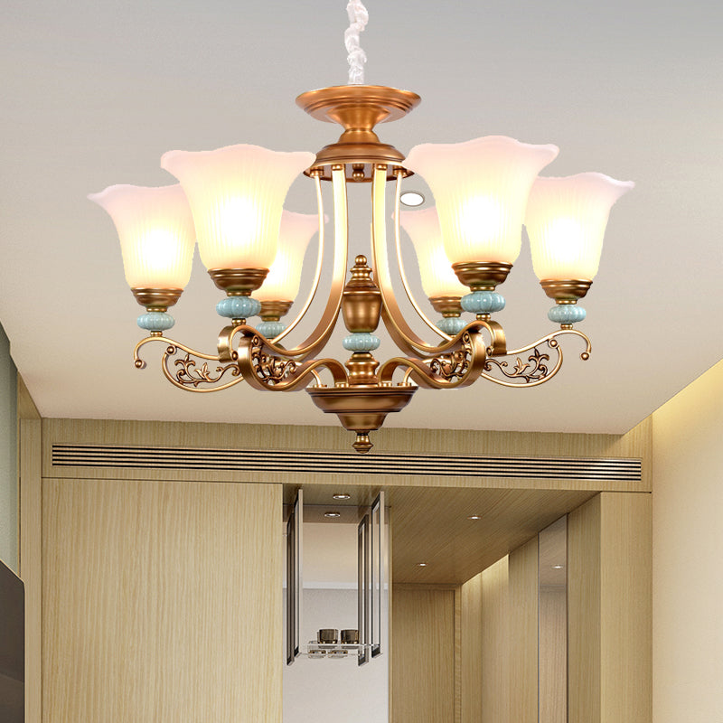3/6/8-Head Bloom Ceiling Chandelier Rustic Style Gold Milky Glass Suspended Lighting Pendant with Curvy Arm Clearhalo 'Ceiling Lights' 'Chandeliers' 'Close To Ceiling Lights' 'Glass shade' 'Glass' Lighting' 1450886