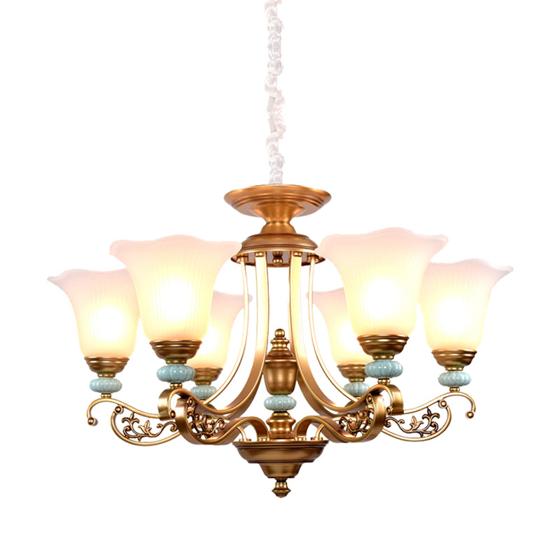 3/6/8-Head Bloom Ceiling Chandelier Rustic Style Gold Milky Glass Suspended Lighting Pendant with Curvy Arm Clearhalo 'Ceiling Lights' 'Chandeliers' 'Close To Ceiling Lights' 'Glass shade' 'Glass' Lighting' 1450887
