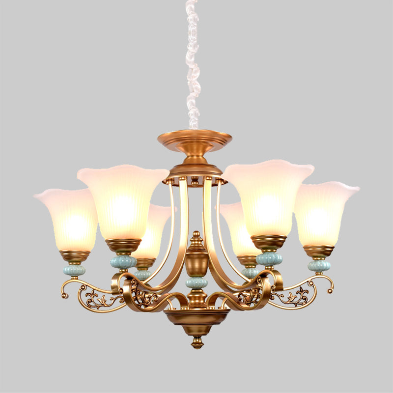 3/6/8-Head Bloom Ceiling Chandelier Rustic Style Gold Milky Glass Suspended Lighting Pendant with Curvy Arm Clearhalo 'Ceiling Lights' 'Chandeliers' 'Close To Ceiling Lights' 'Glass shade' 'Glass' Lighting' 1450888