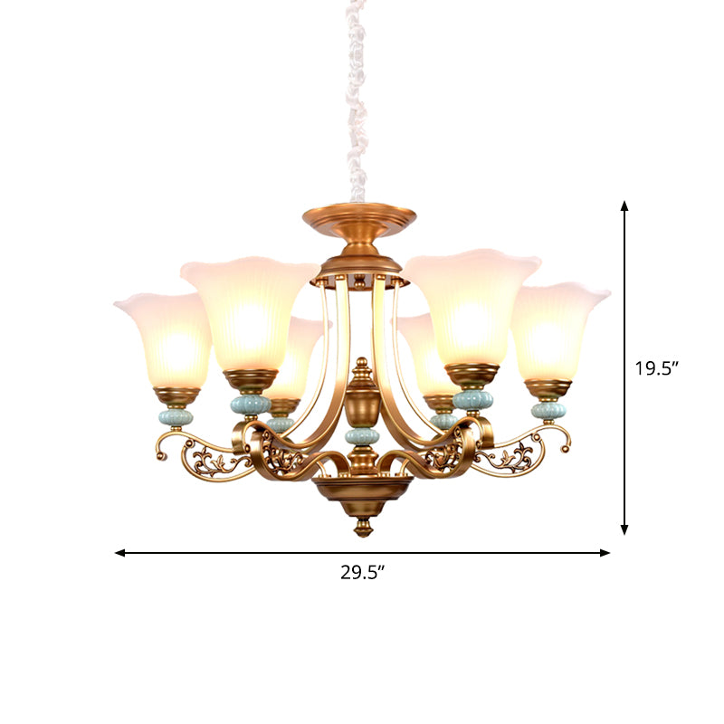 3/6/8-Head Bloom Ceiling Chandelier Rustic Style Gold Milky Glass Suspended Lighting Pendant with Curvy Arm Clearhalo 'Ceiling Lights' 'Chandeliers' 'Close To Ceiling Lights' 'Glass shade' 'Glass' Lighting' 1450889