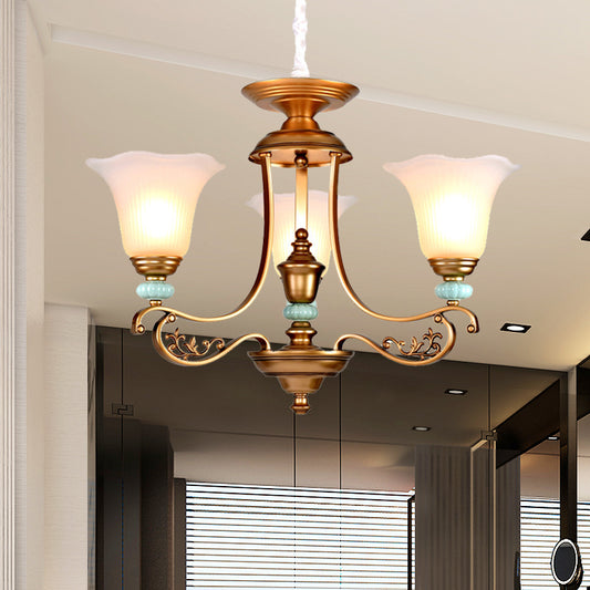 3/6/8-Head Bloom Ceiling Chandelier Rustic Style Gold Milky Glass Suspended Lighting Pendant with Curvy Arm 3 Gold Clearhalo 'Ceiling Lights' 'Chandeliers' 'Close To Ceiling Lights' 'Glass shade' 'Glass' Lighting' 1450890