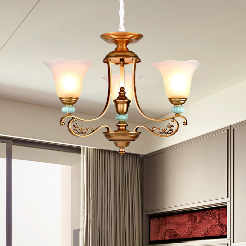 3/6/8-Head Bloom Ceiling Chandelier Rustic Style Gold Milky Glass Suspended Lighting Pendant with Curvy Arm Clearhalo 'Ceiling Lights' 'Chandeliers' 'Close To Ceiling Lights' 'Glass shade' 'Glass' Lighting' 1450891