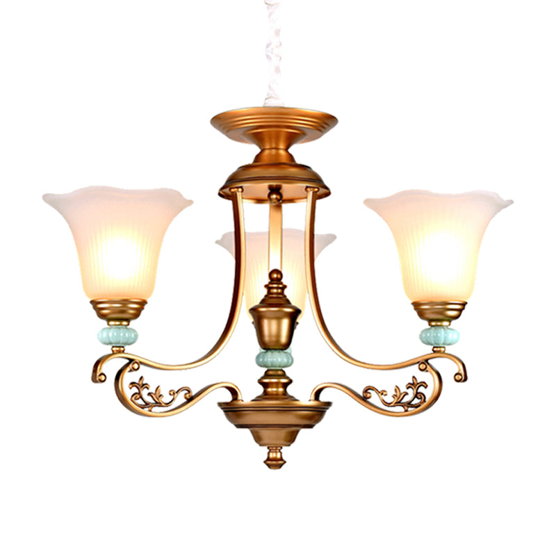 3/6/8-Head Bloom Ceiling Chandelier Rustic Style Gold Milky Glass Suspended Lighting Pendant with Curvy Arm Clearhalo 'Ceiling Lights' 'Chandeliers' 'Close To Ceiling Lights' 'Glass shade' 'Glass' Lighting' 1450892