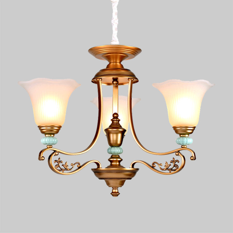 3/6/8-Head Bloom Ceiling Chandelier Rustic Style Gold Milky Glass Suspended Lighting Pendant with Curvy Arm Clearhalo 'Ceiling Lights' 'Chandeliers' 'Close To Ceiling Lights' 'Glass shade' 'Glass' Lighting' 1450893