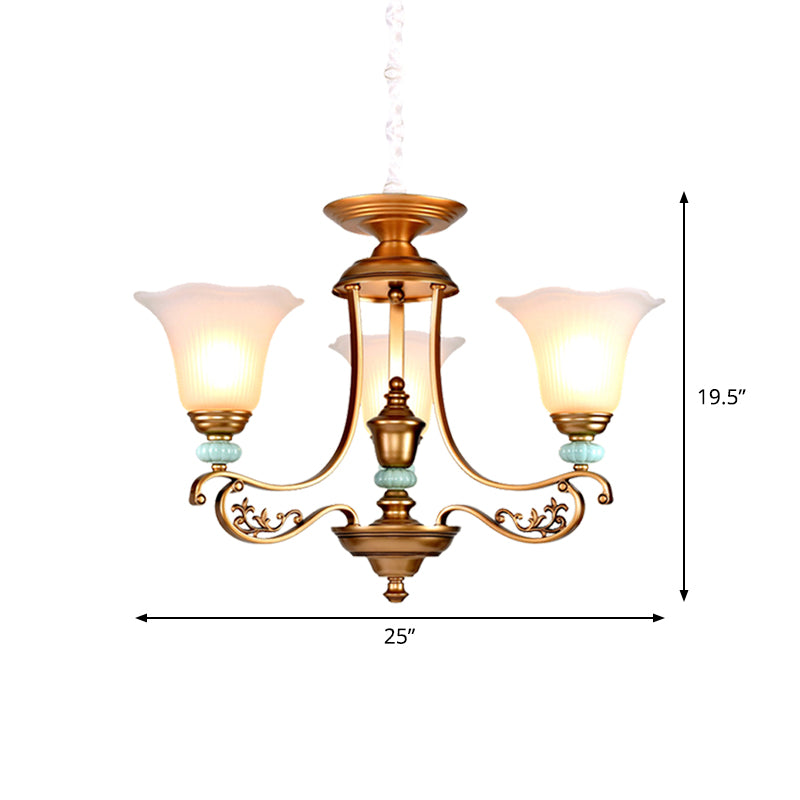 3/6/8-Head Bloom Ceiling Chandelier Rustic Style Gold Milky Glass Suspended Lighting Pendant with Curvy Arm Clearhalo 'Ceiling Lights' 'Chandeliers' 'Close To Ceiling Lights' 'Glass shade' 'Glass' Lighting' 1450894