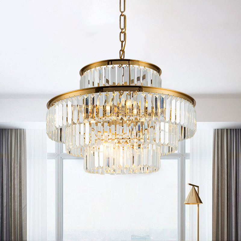 3 Layers Clear Crystal Rod Chandelier Postmodern 23.5"/31.5" Wide 9-Light Dining Room Hanging Pendant Light Clear Clearhalo 'Ceiling Lights' 'Chandeliers' 'Clear' 'Industrial' 'Modern Chandeliers' 'Modern' 'Tiffany' 'Traditional Chandeliers' Lighting' 1450911