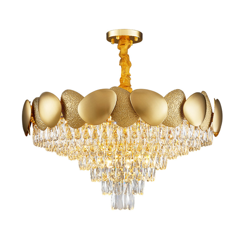 Crystal Tapered Shape Chandelier Modern Stylish 11 Bulbs Living Room Pendant Lamp in Gold Clearhalo 'Ceiling Lights' 'Chandeliers' 'Modern Chandeliers' 'Modern' Lighting' 1450918