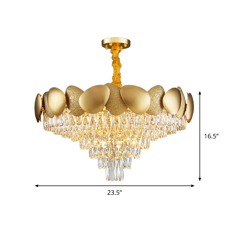 Crystal Tapered Shape Chandelier Modern Stylish 11 Bulbs Living Room Pendant Lamp in Gold Clearhalo 'Ceiling Lights' 'Chandeliers' 'Modern Chandeliers' 'Modern' Lighting' 1450919