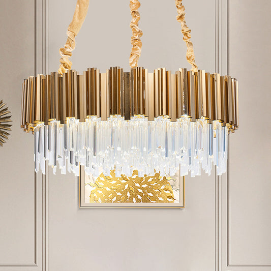 Crystal Icicles Gold Hanging Light Drum Shaped 10/15-Bulb Postmodern Pendant Chandelier, 21.5"/28" Dia Gold Clearhalo 'Ceiling Lights' 'Chandeliers' 'Modern Chandeliers' 'Modern' Lighting' 1450967