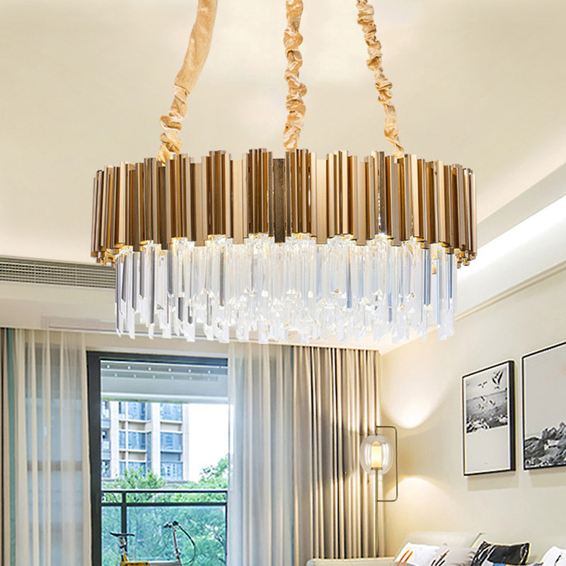 Crystal Icicles Gold Hanging Light Drum Shaped 10/15-Bulb Postmodern Pendant Chandelier, 21.5"/28" Dia Clearhalo 'Ceiling Lights' 'Chandeliers' 'Modern Chandeliers' 'Modern' Lighting' 1450968