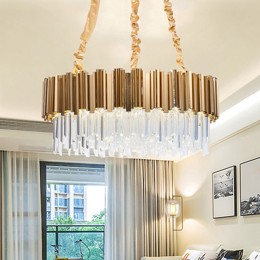 Crystal Icicles Gold Hanging Light Drum Shaped 10/15-Bulb Postmodern Pendant Chandelier, 21.5"/28" Dia Clearhalo 'Ceiling Lights' 'Chandeliers' 'Modern Chandeliers' 'Modern' Lighting' 1450968