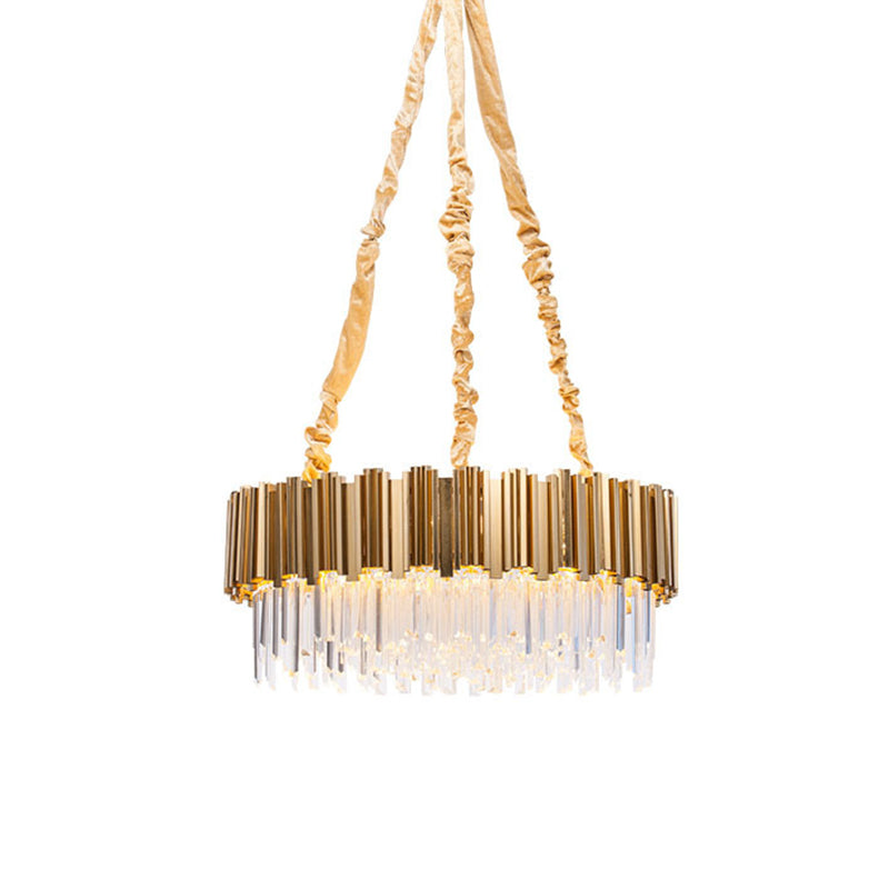 Crystal Icicles Gold Hanging Light Drum Shaped 10/15-Bulb Postmodern Pendant Chandelier, 21.5"/28" Dia Clearhalo 'Ceiling Lights' 'Chandeliers' 'Modern Chandeliers' 'Modern' Lighting' 1450969