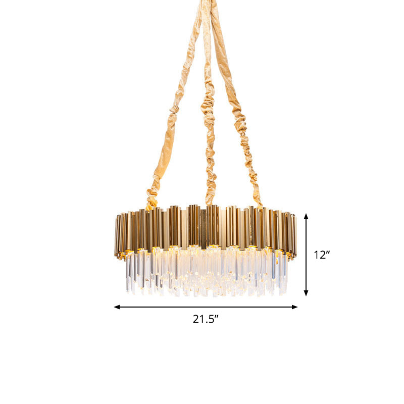 Crystal Icicles Gold Hanging Light Drum Shaped 10/15-Bulb Postmodern Pendant Chandelier, 21.5"/28" Dia Clearhalo 'Ceiling Lights' 'Chandeliers' 'Modern Chandeliers' 'Modern' Lighting' 1450970