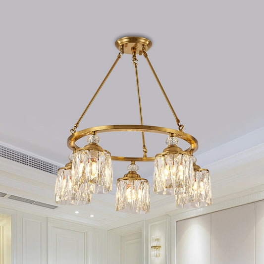 Postmodern Circle Hanging Chandelier 5 Bulbs Cut Crystal Cylinder Ceiling Pendant Light in Gold Clearhalo 'Ceiling Lights' 'Chandeliers' Lighting' options 1450981