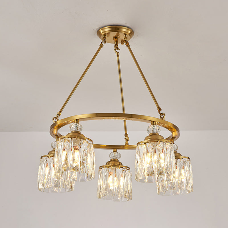 Postmodern Circle Hanging Chandelier 5 Bulbs Cut Crystal Cylinder Ceiling Pendant Light in Gold Clearhalo 'Ceiling Lights' 'Chandeliers' Lighting' options 1450982