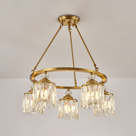 Postmodern Circle Hanging Chandelier 5 Bulbs Cut Crystal Cylinder Ceiling Pendant Light in Gold Clearhalo 'Ceiling Lights' 'Chandeliers' Lighting' options 1450982