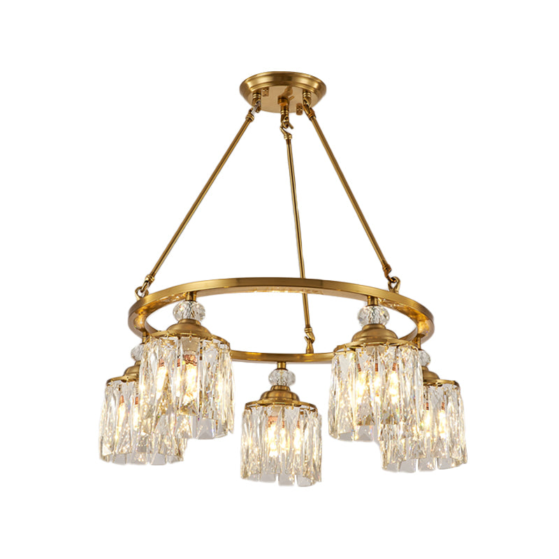 Postmodern Circle Hanging Chandelier 5 Bulbs Cut Crystal Cylinder Ceiling Pendant Light in Gold Clearhalo 'Ceiling Lights' 'Chandeliers' Lighting' options 1450983