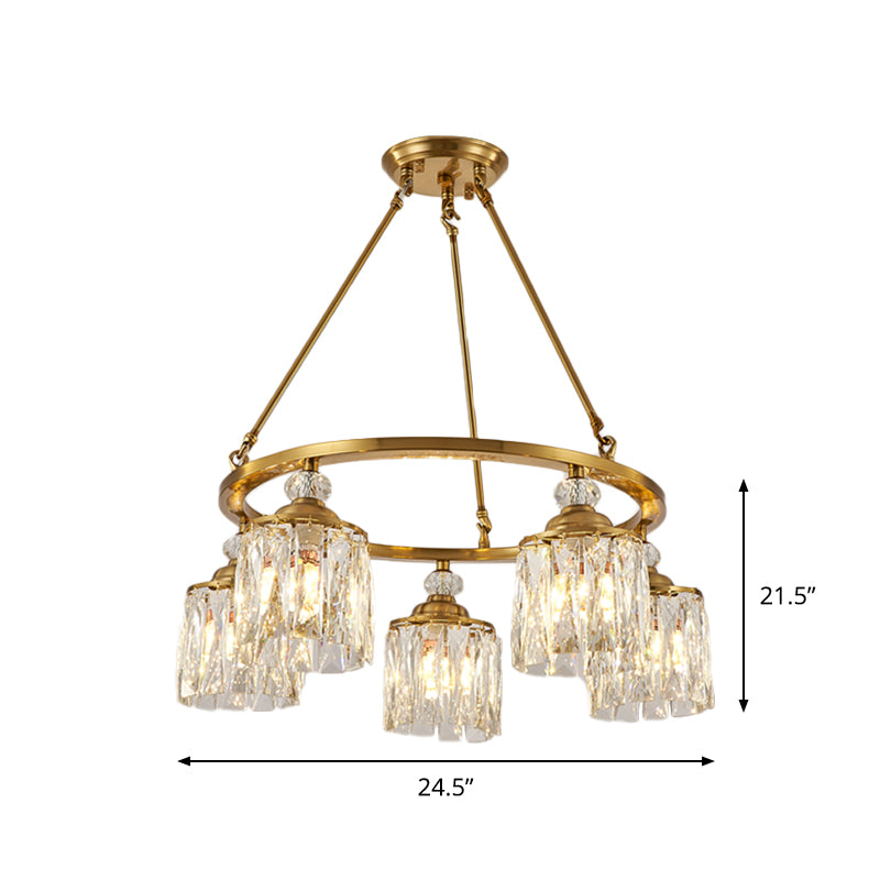 Postmodern Circle Hanging Chandelier 5 Bulbs Cut Crystal Cylinder Ceiling Pendant Light in Gold Clearhalo 'Ceiling Lights' 'Chandeliers' Lighting' options 1450984