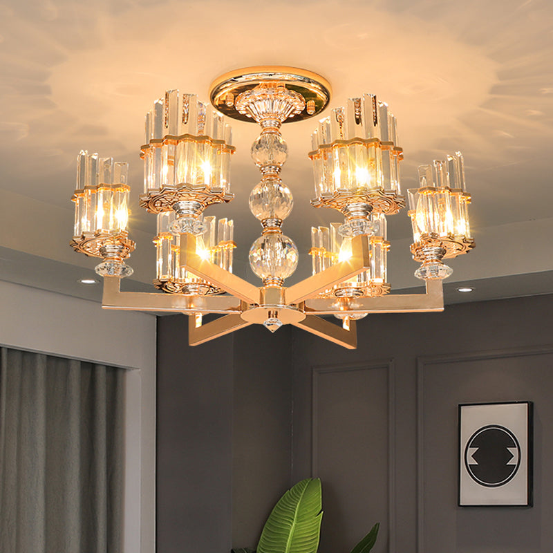 Gold Half-Shade Chandelier Modern Crystal Rod 3/6 Lights Living Room Hanging Pendant Clearhalo 'Ceiling Lights' 'Chandeliers' Lighting' options 1450989