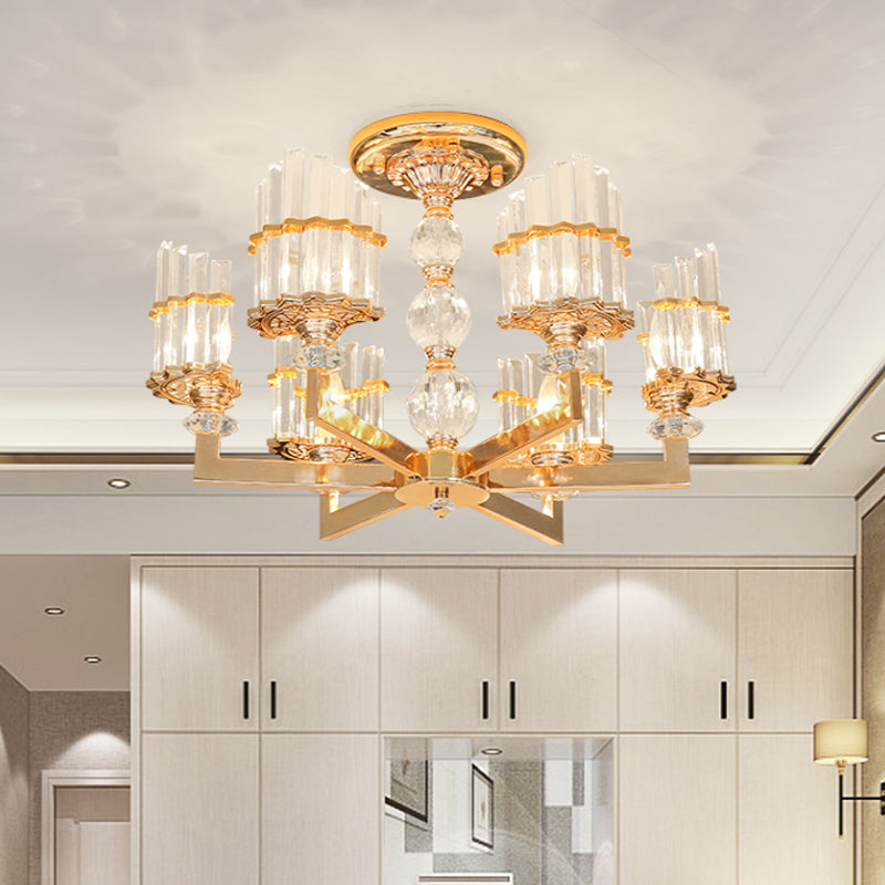 Gold Half-Shade Chandelier Modern Crystal Rod 3/6 Lights Living Room Hanging Pendant Clearhalo 'Ceiling Lights' 'Chandeliers' Lighting' options 1450991