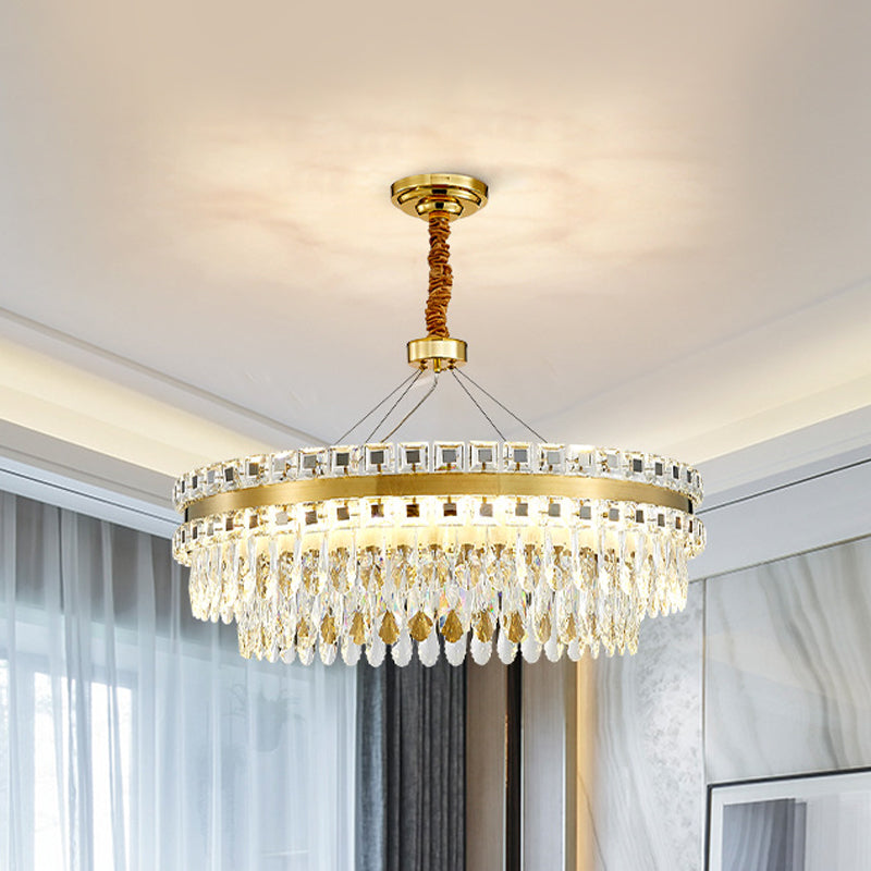 2-Tier Crystal LED Chandelier Modernist Living Room Hanging Light Fixture in Gold, 18"/23.5" W Gold Clearhalo 'Ceiling Lights' 'Chandeliers' 'Modern Chandeliers' 'Modern' Lighting' 1451011