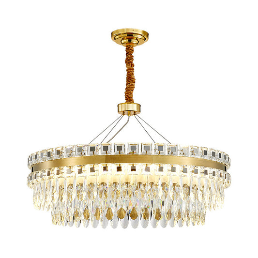 2-Tier Crystal LED Chandelier Modernist Living Room Hanging Light Fixture in Gold, 18"/23.5" W Clearhalo 'Ceiling Lights' 'Chandeliers' 'Modern Chandeliers' 'Modern' Lighting' 1451012