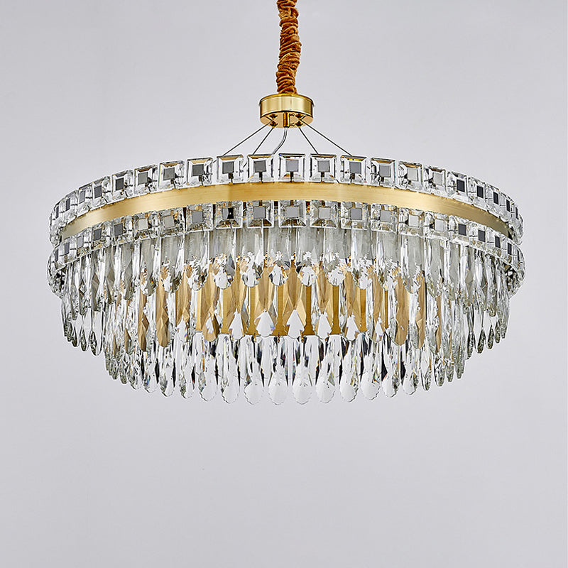 2-Tier Crystal LED Chandelier Modernist Living Room Hanging Light Fixture in Gold, 18"/23.5" W Clearhalo 'Ceiling Lights' 'Chandeliers' 'Modern Chandeliers' 'Modern' Lighting' 1451013