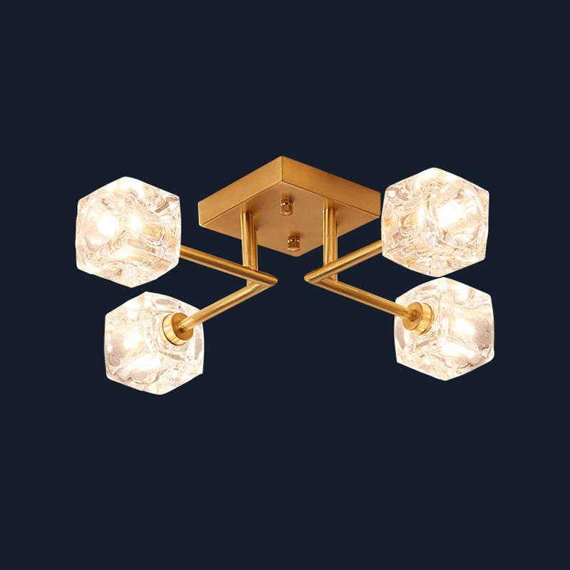 4/6-Head Cubic Crystal Ceiling Light Postmodern Gold Branching Bedroom Semi Mount Lighting Clearhalo 'Ceiling Lights' 'Close To Ceiling Lights' 'Close to ceiling' 'Semi-flushmount' Lighting' 1451039