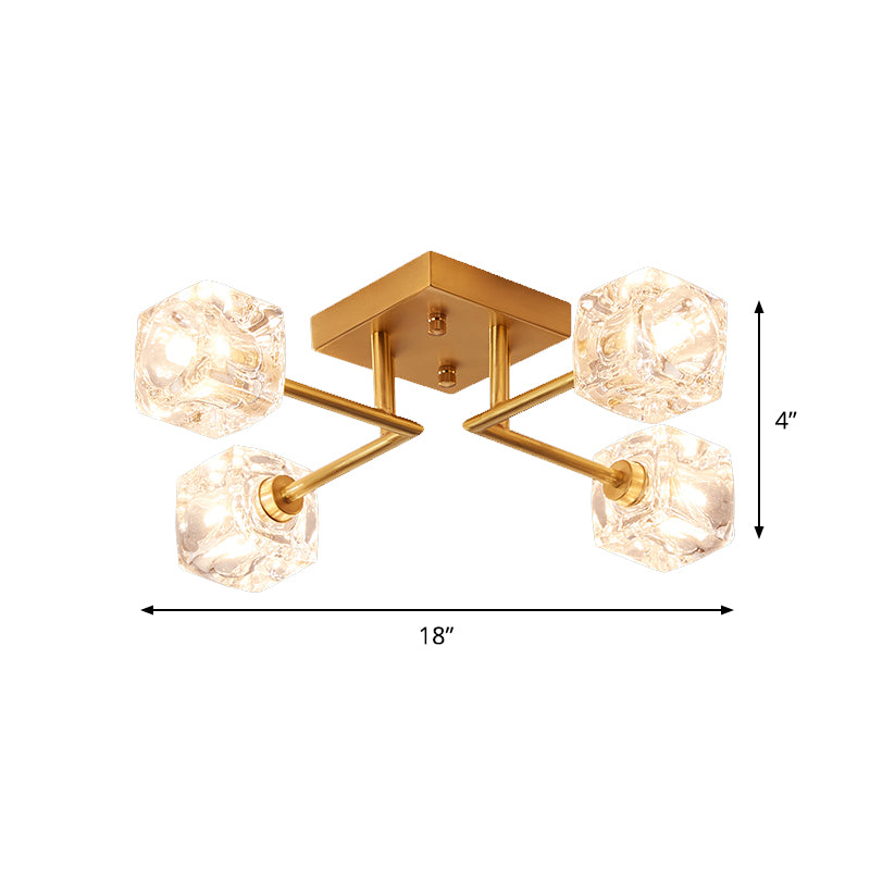 4/6-Head Cubic Crystal Ceiling Light Postmodern Gold Branching Bedroom Semi Mount Lighting Clearhalo 'Ceiling Lights' 'Close To Ceiling Lights' 'Close to ceiling' 'Semi-flushmount' Lighting' 1451040