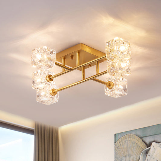 4/6-Head Cubic Crystal Ceiling Light Postmodern Gold Branching Bedroom Semi Mount Lighting Clearhalo 'Ceiling Lights' 'Close To Ceiling Lights' 'Close to ceiling' 'Semi-flushmount' Lighting' 1451042