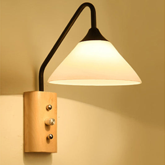 Milk Glass Conical Wall Sconce Dining Room Corridor 1 Light Modern Sconce Light with Wood Base Clearhalo 'Cast Iron' 'Glass' 'Industrial' 'Modern wall lights' 'Modern' 'Tiffany' 'Traditional wall lights' 'Wall Lamps & Sconces' 'Wall Lights' Lighting' 145107