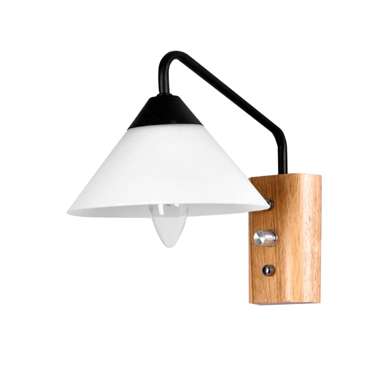 Milk Glass Conical Wall Sconce Dining Room Corridor 1 Light Modern Sconce Light with Wood Base Clearhalo 'Cast Iron' 'Glass' 'Industrial' 'Modern wall lights' 'Modern' 'Tiffany' 'Traditional wall lights' 'Wall Lamps & Sconces' 'Wall Lights' Lighting' 145108