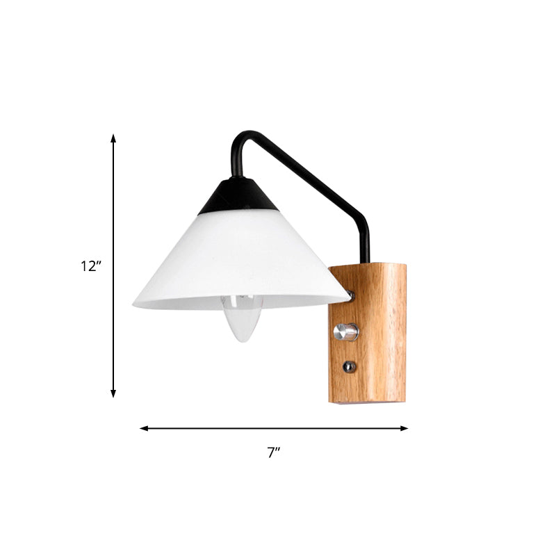 Milk Glass Conical Wall Sconce Dining Room Corridor 1 Light Modern Sconce Light with Wood Base Clearhalo 'Cast Iron' 'Glass' 'Industrial' 'Modern wall lights' 'Modern' 'Tiffany' 'Traditional wall lights' 'Wall Lamps & Sconces' 'Wall Lights' Lighting' 145109