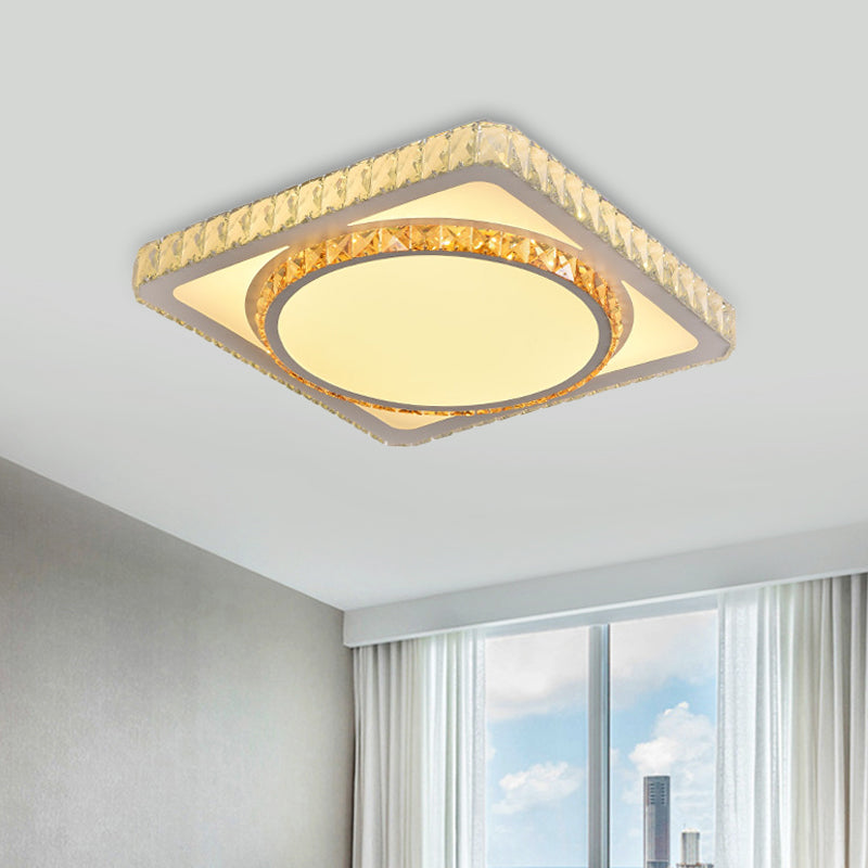 LED Flush Mount Lighting Contemporary Bedroom Ceiling Lamp with Triangle/Round/Square Crystal Shade in White White Round Clearhalo 'Ceiling Lights' 'Close To Ceiling Lights' 'Close to ceiling' 'Flush mount' Lighting' 1451253