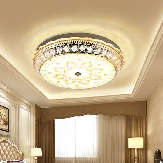 Clear Crystal Embedded Drum Flushmount Modern Living Room LED Flush Ceiling Light with Flower Pattern Clear Clearhalo 'Ceiling Lights' 'Close To Ceiling Lights' 'Close to ceiling' 'Flush mount' Lighting' 1451390