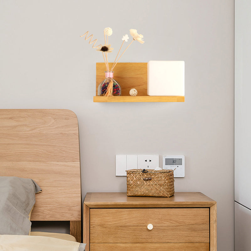 Contemporary Beige Wall Lamp with Fake Plant Deco Cube Shade 1 Light Wood & Milk Glass Sconce Light for Bedroom Wood Right Clearhalo 'Modern wall lights' 'Modern' 'Wall Lamps & Sconces' 'Wall Lights' Lighting' 145141