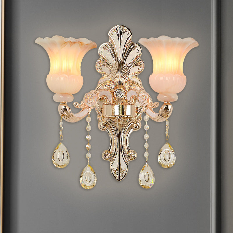 Crystal Champagne Wall Lighting Idea Flower Shade 1/2-Head Classic Wall Mounted Lamp Fixture 2.0 Champagne Clearhalo 'Modern wall lights' 'Modern' 'Wall Lamps & Sconces' 'Wall Lights' Lighting' 1451423