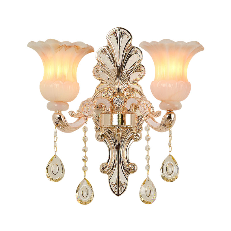 Crystal Champagne Wall Lighting Idea Flower Shade 1/2-Head Classic Wall Mounted Lamp Fixture Clearhalo 'Modern wall lights' 'Modern' 'Wall Lamps & Sconces' 'Wall Lights' Lighting' 1451426