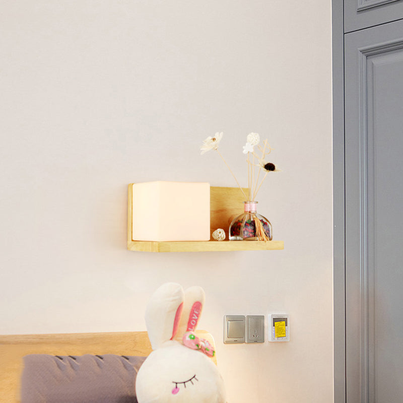 Contemporary Beige Wall Lamp with Fake Plant Deco Cube Shade 1 Light Wood & Milk Glass Sconce Light for Bedroom Wood Left Clearhalo 'Modern wall lights' 'Modern' 'Wall Lamps & Sconces' 'Wall Lights' Lighting' 145145