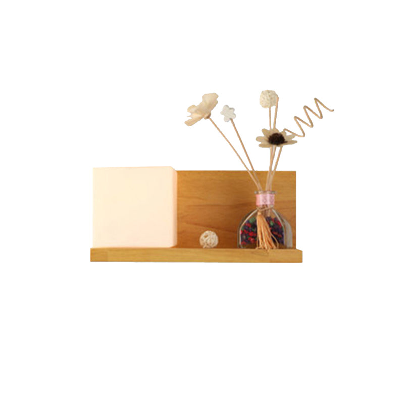 Contemporary Beige Wall Lamp with Fake Plant Deco Cube Shade 1 Light Wood & Milk Glass Sconce Light for Bedroom Clearhalo 'Modern wall lights' 'Modern' 'Wall Lamps & Sconces' 'Wall Lights' Lighting' 145146