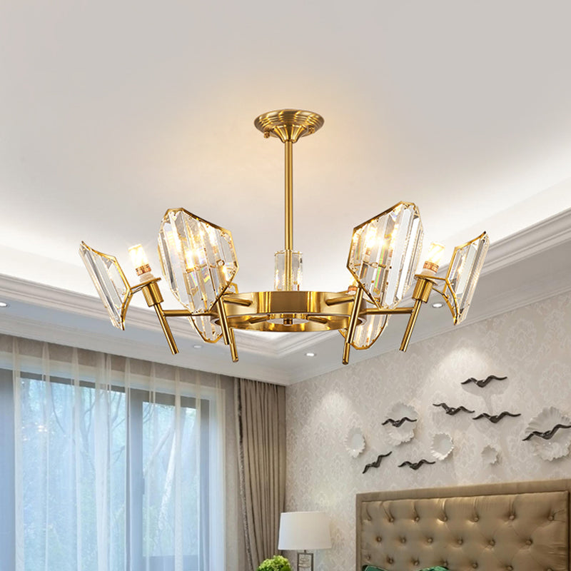 Gold 5/6-Bulb Flush Mount Chandelier Post-Modern Crystal Curved Shade Semi Flush Ceiling Light 6 Gold Clearhalo 'Ceiling Lights' 'Close To Ceiling Lights' 'Close to ceiling' 'Semi-flushmount' Lighting' 1451477