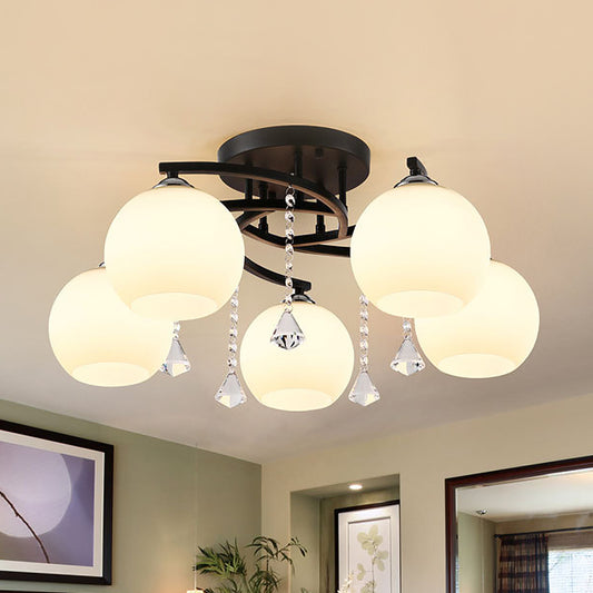 Milk Glass Ball Semi Flush Light Modern 3/7/9 Heads Living Room Ceiling Mount Chandelier in Black 5 Black Clearhalo 'Ceiling Lights' 'Close To Ceiling Lights' 'Close to ceiling' 'Semi-flushmount' Lighting' 1451490