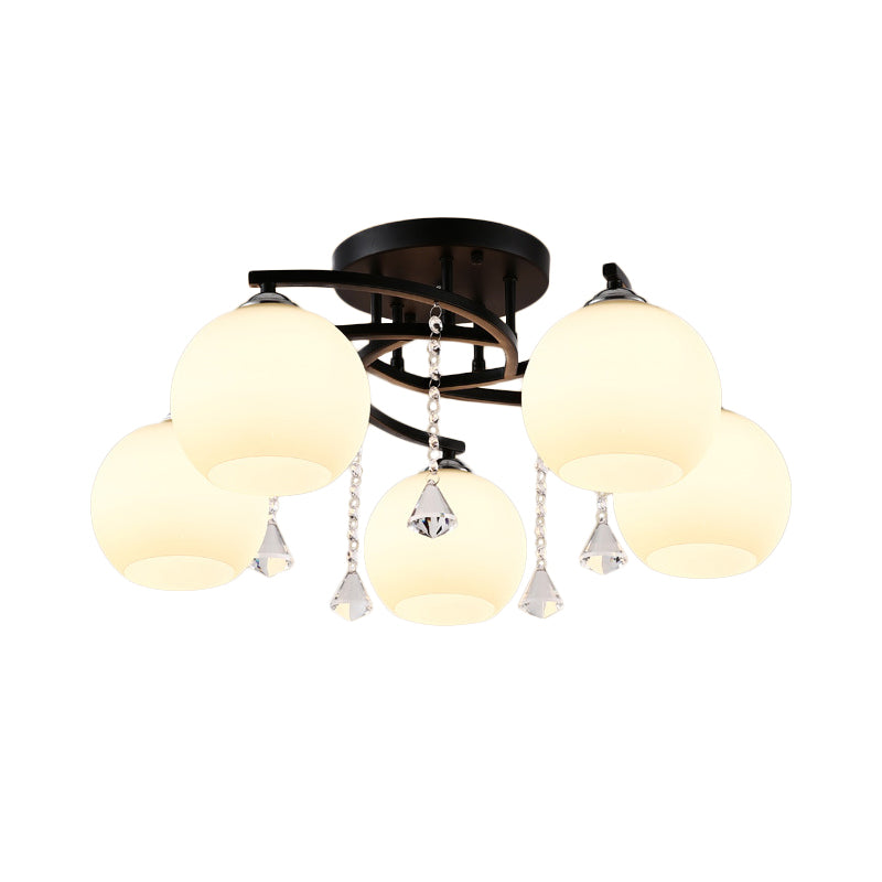 Milk Glass Ball Semi Flush Light Modern 3/7/9 Heads Living Room Ceiling Mount Chandelier in Black Clearhalo 'Ceiling Lights' 'Close To Ceiling Lights' 'Close to ceiling' 'Semi-flushmount' Lighting' 1451492