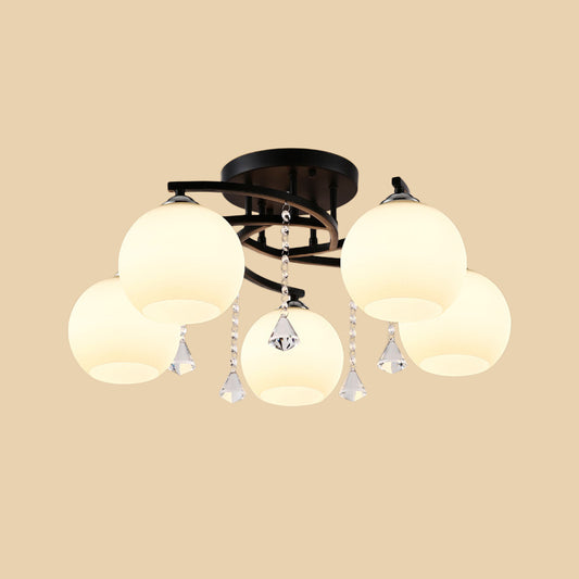 Milk Glass Ball Semi Flush Light Modern 3/7/9 Heads Living Room Ceiling Mount Chandelier in Black Clearhalo 'Ceiling Lights' 'Close To Ceiling Lights' 'Close to ceiling' 'Semi-flushmount' Lighting' 1451493