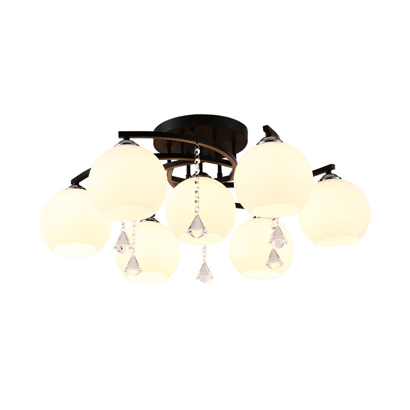 Milk Glass Ball Semi Flush Light Modern 3/7/9 Heads Living Room Ceiling Mount Chandelier in Black Clearhalo 'Ceiling Lights' 'Close To Ceiling Lights' 'Close to ceiling' 'Semi-flushmount' Lighting' 1451498