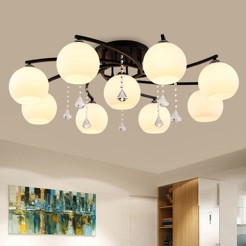 Milk Glass Ball Semi Flush Light Modern 3/7/9 Heads Living Room Ceiling Mount Chandelier in Black 9 Black Clearhalo 'Ceiling Lights' 'Close To Ceiling Lights' 'Close to ceiling' 'Semi-flushmount' Lighting' 1451500